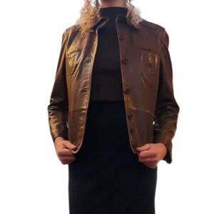 Teddy Brown Genuine Leather Plonge Soft Button Up Jacket